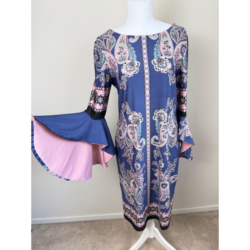 Shelby & Palmer Womens Paisley Shift Dress 8 Blue Pink Bell Sleeve Boho Mod Midi